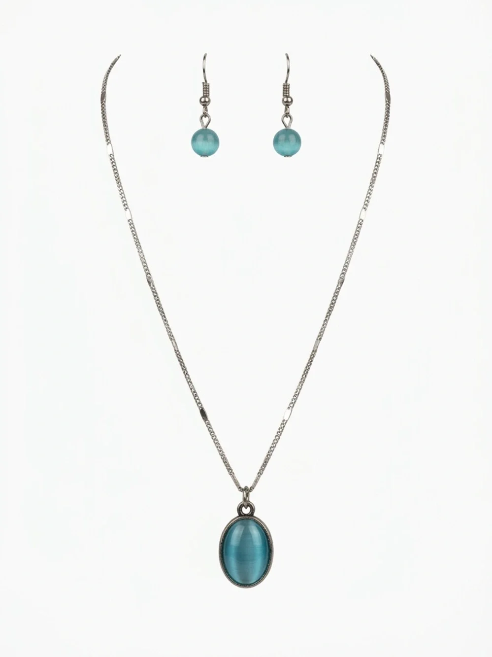 Silver Necklace and Earring Set with Teal Blue Stone